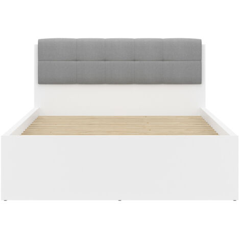 Lit coffre 140x200 tête rembourée grise avec sommier et rangement, coloris Blanc brillant - Longueur 204,5 x Profondeur 149 x Hauteur 95/40,5 cm (1/4)