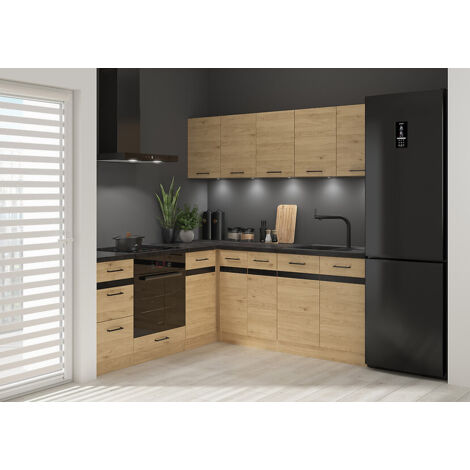 Pegane – Cuisine complète d'angle 200x200 cm – Meubles modulables en chêne bernstein – Armoires basses et hautes – Éclairage LED inclus (1/2)