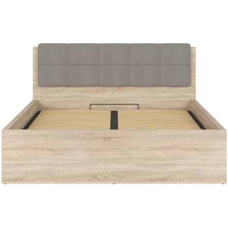 Lit adule 160x200 avec tête de lit capitonnée beige,sommier et rangement, coloris chêne Sonoma - Longueur 204,5 x Profondeur 169 x Hauteur 95/40,5 cm (1/5)