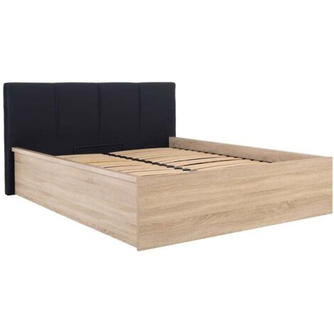 Lit adule 140x200 avec tête de lit capitonnée noir,sommier et rangement, coloris chêne Sonoma/noir - Longueur 204,5 x Profondeur 149 x Hauteur 95/40,5 cm (1/3)