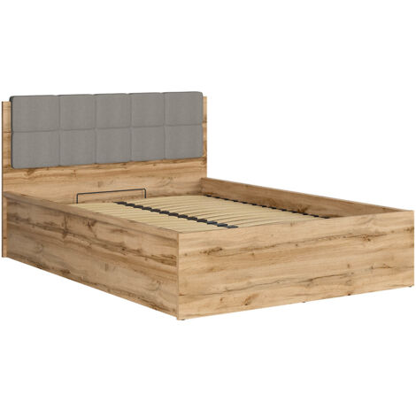 Lit adule 140x200 avec tête de lit capitonnée gris clair,sommier et rangement, coloris Chêne wotan - Longueur 204,5 x Profondeur 149 x Hauteur 95/40,5 cm (1/5)
