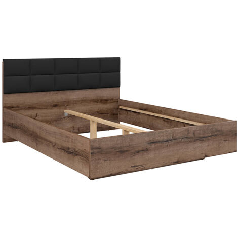 Lit double 160x200 avec tête de lit rembourrée noir ,coloris Chêne marron foncé - Longueur 206 x Profondeur 165 x Hauteur 42-98,5 cm (1/5)