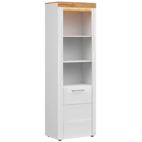 Bibliothèque avec 1 porte et 3 étagères, éclairage LED,coloris Chêne doré/Blanc haute brillance - Longueur 68 x Profondeur 42 x Hauteur 205 cm (1/3)