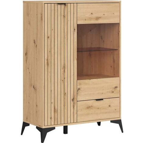 Vitrine basse à 2 portes et un tiroir,coloris Chêne artisan - Longueur 90 x Profondeur 41 x Hauteur 133 cm (1/5)