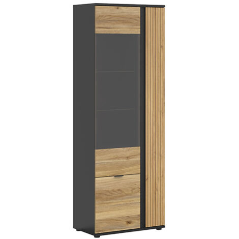 Vitrine haute à 3 portes et décor lamelles,coloris Chêne/Noir - Longueur 70 x Profondeur 39,5 x Hauteur 196 cm (1/5)