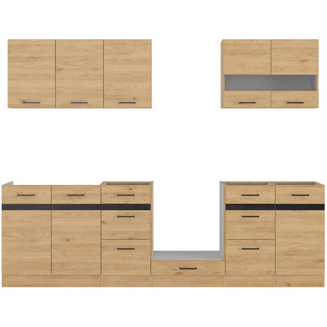 Cuisine complète 260 cm,Ensemble de meuble de cuisine coloris Gris graphite/Chêne bernstein, plan de travail non inclus (1/5)