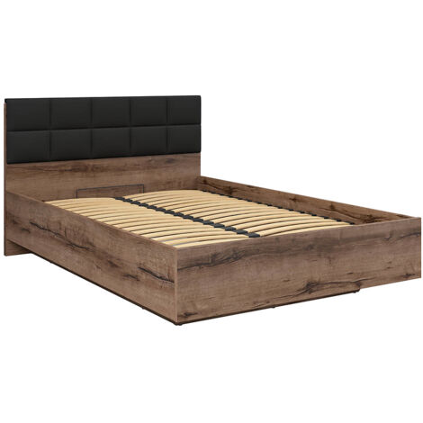 Lit coffre 140x200 avec tête de lit rembourrée noir, sommier et rangement ,coloris Chêne marron foncé - Longueur 206 x Profondeur 145 x Hauteur 42-98,5 cm (1/5)