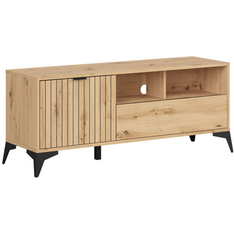 Meuble TV avec 1 porte, tiroir et 2 étagères,coloris Chêne artisan - Longueur 135 x Profondeur 41 x Hauteur 56 cm (1/3)
