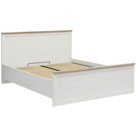 Lit coffre 180x200 lit adulte 2 places avec sommier et rangement, coloris Blanc pin andersen/Chêne clair - Longueur 208,5 x Profondeur 185 x Hauteur 110,5/57,5 cm (1/4)