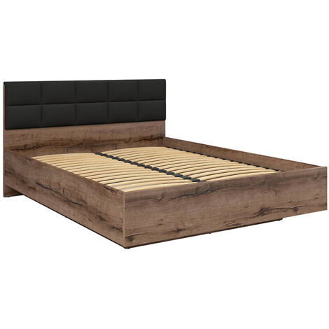 Lit coffre 180x200 avec tête de lit rembourrée noir, sommier et rangement ,coloris Chêne marron foncé - Longueur 206 x Profondeur 185 x Hauteur 42-98,5 cm (1/5)