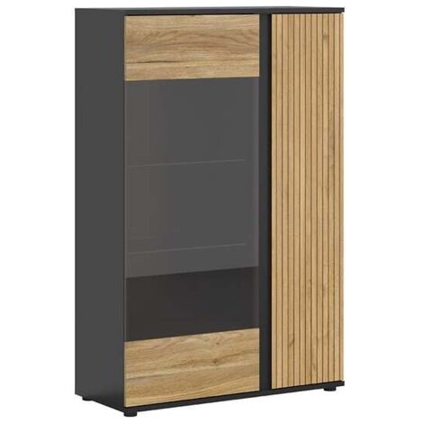 Pegane – Vitrine 2 portes décor lamelles chêne/noir – Panneaux stratifiés résistants aux rayures – Dimensions 95x39,5x146 cm (1/5)