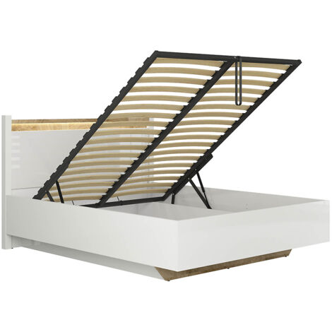 Lit coffre 160x200 avec sommier et rangement + LED, coloris Blanc brillant/Chêne clair - Longueur 208,5 x Profondeur 165,5 x Hauteur 42,5-104 cm (1/3)