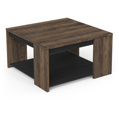 Table basse carrée avec étagère couleur chêne foncé / noir - Largeur 80 x Profondeur 80 x Hauteur 44,2 cm (1/5)