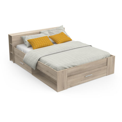 Lit adulte 160x200 cm avec rangement 3 tiroirs couleur chêne - Largeur 169,1 x Profondeur 226,9 x Hauteur 74,3 cm (1/5)