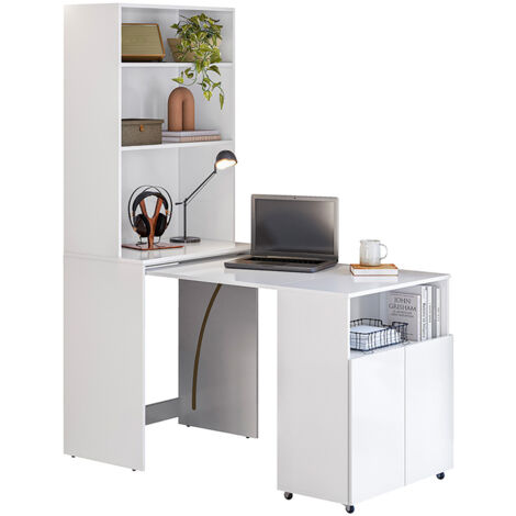 Bureau rétractable avec bibliothèque et espace de rangement intégrée coloris Blanc - Longueur 175 x Hauteur 136 x Profondeur 69,5 cm (1/5)