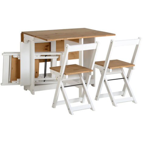 Ensemble table pliante avec rallonges coloris chêne et pieds en blancs + 4 chaises pliantes - Longueur 95 x Profondeur 34/115 x Hauteur 76 cm