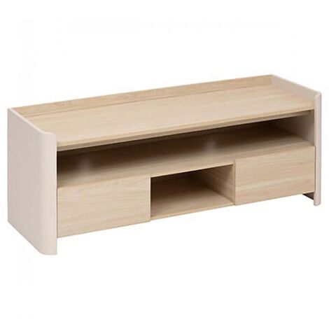 Meuble TV avec deux portes et des étagères internes, coloris blanc/chêne naturel - Longueur 120 x Profondeur 40 x Hauteur 45 cm (1/5)