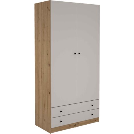 Placard armoire meuble de rangement de 2 portes et 2 tiroirs coloris Chêne/gris - Hauteur 205 x Longueur 100 x Profondeur 51 cm (1/4)