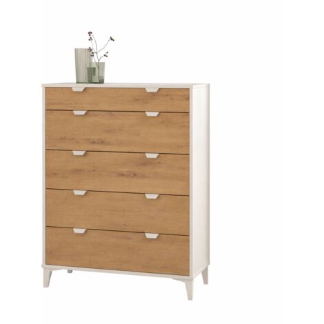 Commode Chiffonnier Meuble de rangement avec 5 tiroirs coloris Blanc/chêne Albar - Hauteur 110 x Longueur 80 x profondeur 48 cm (1/4)