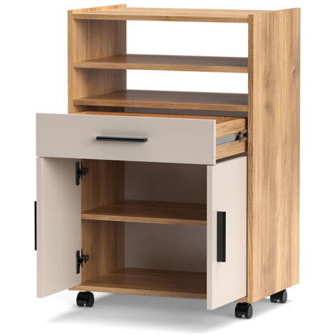 Meuble d'appoint de cuisine à roulettes avec étagères, 1 tiroir et armoire à 2 portes coloris Beige/chêne Mauvella - Longueur 59 x Hauteur 92 x Profondeur 39,6 cm (1/3)