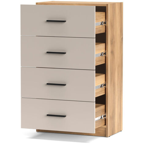 Chiffonnier commode à 4 tiroirs coloris Beige/chêne Mauvella - Longueur 60 x Hauteur 100 x Profondeur 34,5 cm