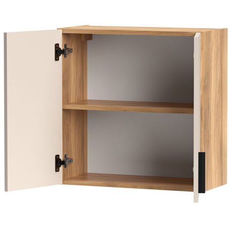 Meuble haut à 2 portes Armoire auxiliaire avec poignées noires coloris Beige/chêne Mauvella - Longueur 60 x Hauteur 60 x Profondeur 28,6 cm (1/3)
