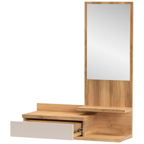 Console meuble d'entrée avec 1 tiroir et miroir coloris Beige/chêne Mauvella - Longueur 81 x Hauteur 116 x Profondeur 27,4 cm (1/3)