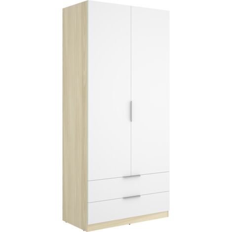 Armoire placard de rangement à 2 portes battantes et 2 tiroirs, coloris blanc/Chêne clair - Hauteur 203,5 x Longueur 91 x Profondeur 51,4 cm (1/5)