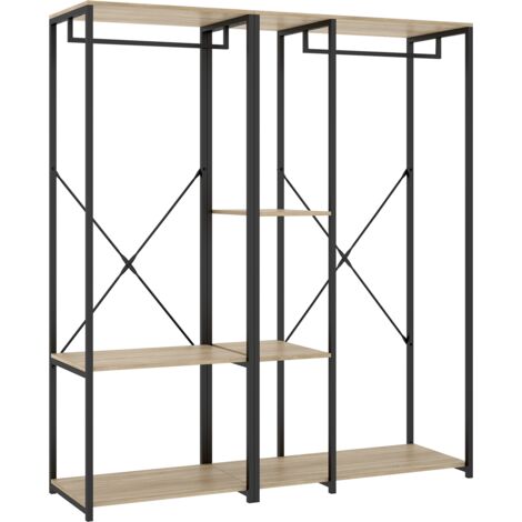 Portant à vêtements double penderie de structure métallique avec 3 étagères de rangement, coloris naturel/noir - Hauteur 167 x Longueur 150 x Profondeur 40,4 cm
