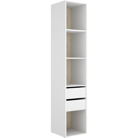 Etagère colonne ouverte avec fond réversible, 4 niches et de 2 tiroirs, coloris blanc/naturel - Hauteur 204,5 x Longueur 45 x Profondeur 45 cm (1/5)