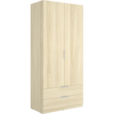 Armoire placard de rangement à 2 portes battantes et 2 tiroirs, coloris Chêne clair - Hauteur 203,5 x Longueur 91 x Profondeur 51,4 cm (1/5)