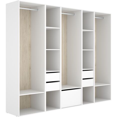 Armoire dressing ouverte avec fond arrière réversible, 3 penderies avec 3 tringles,4 tiroirs et 1 porte chaussures, coloris blanc/naturel - Hauteur 204,5 x Longueur 256 x Profondeur 45 cm