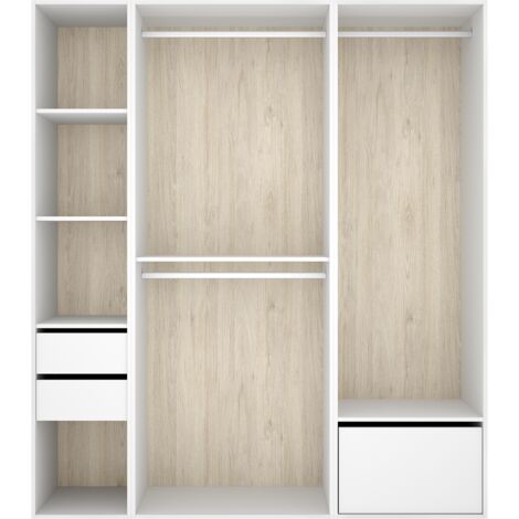 Armoire dressing ouverte avec fond arrière réversible, penderie avec 2 tringles,2 tiroirs et une porte chaussures, coloris blanc/naturel - Hauteur 204,5 x Longueur 179,5 x Profondeur 45 cm (1/5)
