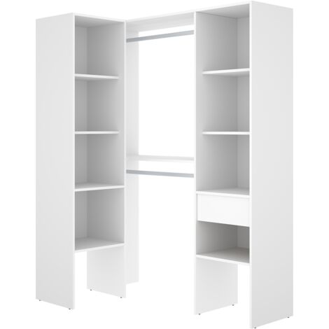 Pegane – Dressing d'angle ouvert avec penderie double tringles – 1 tiroir et 8 étagères – Hauteur 185 cm – Coloris blanc – Optimise l'espace