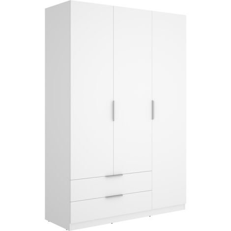 Armoire placard de rangement à 3 portes battantes et 2 tiroirs, coloris blanc - Hauteur 203,5 x Longueur 136,6 x Profondeur 51,4 cm (1/5)