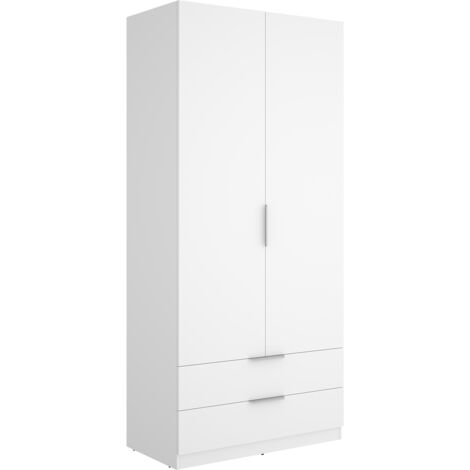 Armoire placard de rangement à 2 portes battantes et 2 tiroirs, coloris blanc - Hauteur 203,5 x Longueur 91 x Profondeur 51,4 cm (1/5)
