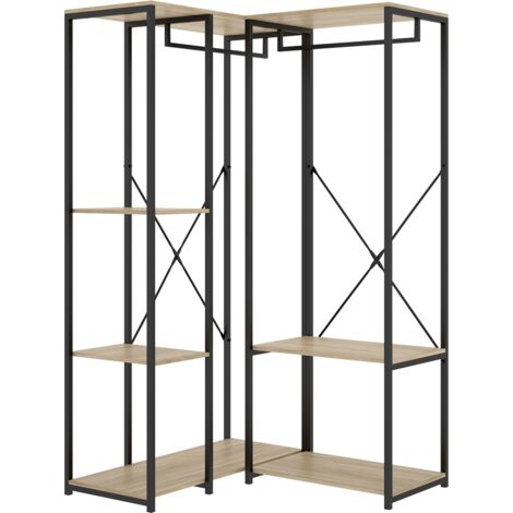 Portant à vêtements d'angle à double penderie de structure métallique avec 5 étagères de rangement, coloris naturel/noir - Hauteur 167 x Longueur 90 x Profondeur 100,4 cm (1/4)
