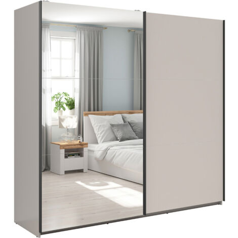Armoire placard à 2 portes coulissantes dont 1 avec miroir coloris Beige Kashmir - Longueur 220 x Profondeur 60 x Hauteur 195,5 cm (1/5)