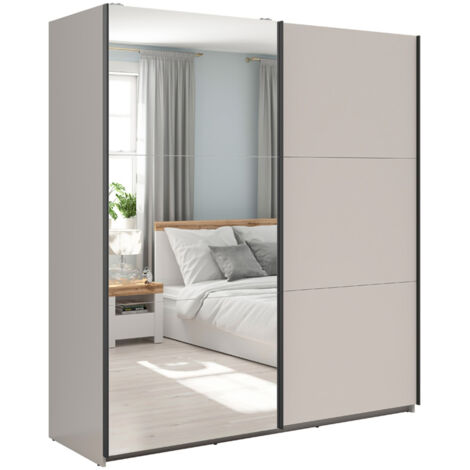 Armoire placard à 2 portes coulissantes dont 1 avec miroir coloris Beige Kashmir - Longueur 183 x Profondeur 60 x Hauteur 195,5 cm (1/5)