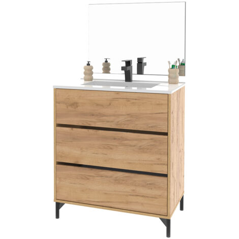 Meuble sous-vasque sur pieds à 3 tiroirs avec miroir (sans lavabo) coloris Chêne - Longueur 80,5 x Hauteur 91 x Profondeur 45,5 cm