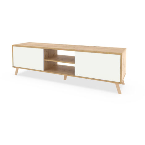 Meuble TV sur pieds avec 2 portes et 2 étagères coloris Chêne doré/Blanc - Longueur 160 x Hauteur 55 x Profondeur 40 cm (1/5)