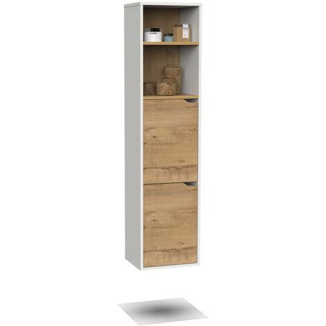Colonne de salle de bain murale suspendue avec 1 porte coloris Chêne doré/Blanc - Longueur 36,5 x Hauteur 150 x Profondeur 30 cm (1/4)