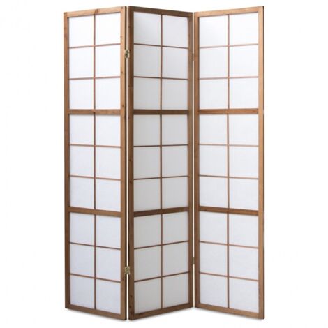 Pegane – Paravent japonais en bois verni brun – 3 panneaux avec quadrillage et papier de riz blanc – Charnières double sens