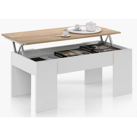 Pegane – Table basse relevable blanc artik/chêne canadien 100 cm x 50 cm – Hauteur 45-55 cm – Compartiment de rangement intégré – Fabrication PEFC
