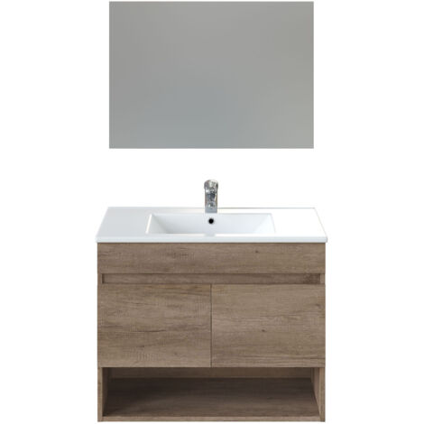 Pegane – Meuble sous-vasque suspendu 80 cm avec 2 portes et miroir – Charnières métalliques – Finition nordik – Dimensions 80x64x45 cm (1/4)