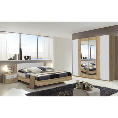 Chambre à coucher complète adulte (lit 160x200 cm + 2 chevets + armoire) coloris imitation chêne poutre/blanc -PEGANE-