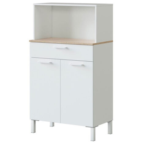 Pegane – Buffet bas de cuisine 2 portes et 1 tiroir – Mélaminé blanc artic et chêne canadien – Dimensions 126x72x40 cm – Rangement optimisé