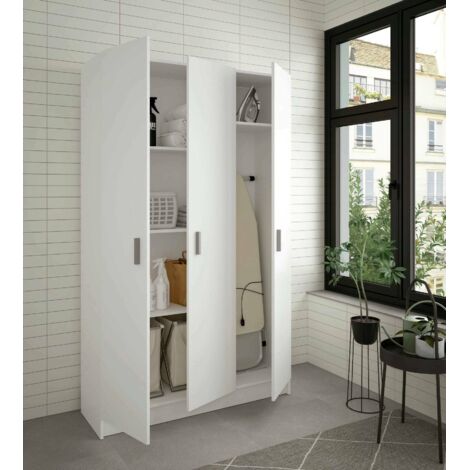 Armoire blanche 3 portes 37x180 cm – Panneau mélaminé 15 mm – Étagères réglables – Pour buanderie, salle de bain, garage – Habitdesign - 37x180h