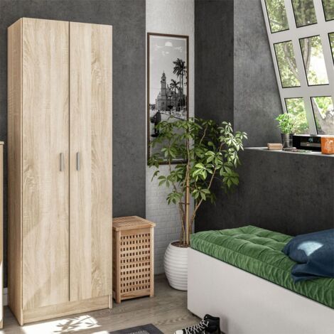 Armoire 2 portes en chêne brun 37x180h cm – Structure modulaire pour rangement optimisé – Charnières métalliques durables – Habitdesign