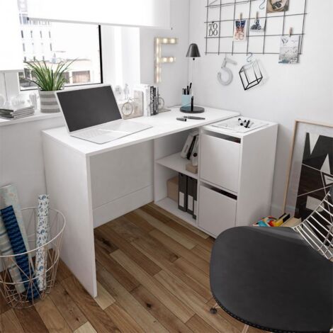 Mobimarket – Bureau d'angle modulable avec rangement – Dimensions 120x77cm – Panneau mélaminé blanc – Charnières métalliques anti-bruit